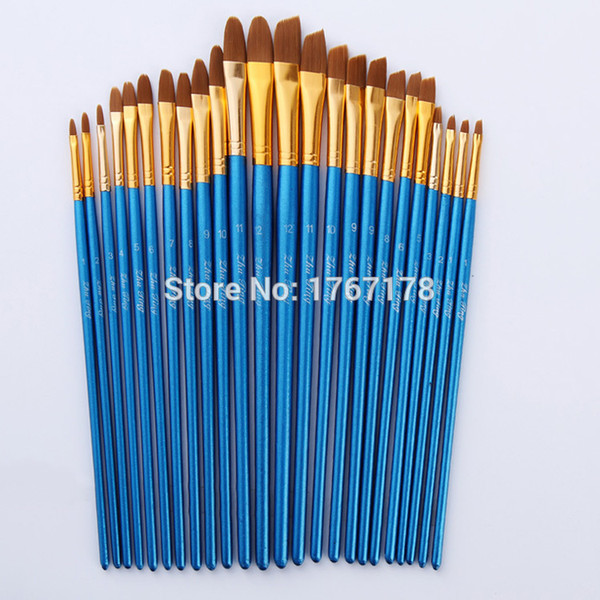 24Pcs /Set Nylon Hair Blue Wooden Handle Paint Brush Art Supplies