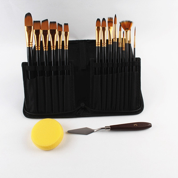 15 piece paint brush set with Free Palette Knife Watercolor Sponge and Pop up Carrying Case for Acrylic Watercolor Oil Painting Artist