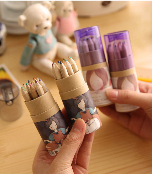 Free Shipping/ New cute12 pcs/box Wooden colored Pencil / with Kraft paper box and Pencil sharpener / Wholesale