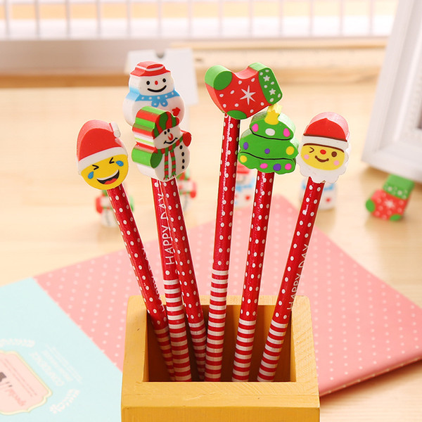 Cute Children's Cartoon Pencil With Christmas Santa Claus Eraser Wood Ball Point Pen Children's Toys Xmas Toy Free DHL 909