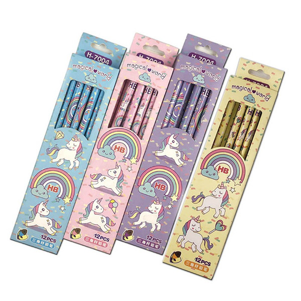 12pcs/set Cute Rainbow Unicorn Plastic Pencil Automatic Pen With Eraser For Kid School Office Supply