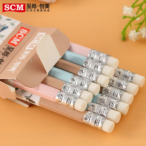 Free shipping 12pcs/lot Bringing child hexagonal wood rod hb pencil student stationery gift prize with rubber