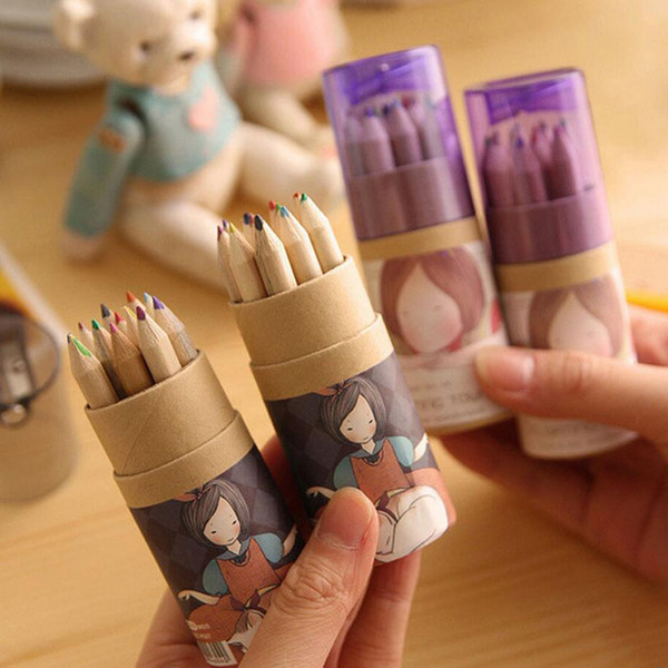 Wholesale- 12pcs/lot DIY Cute Cartoon Kawaii Girl Wooden Colored Pencil With Sharpener For Painting Drawing