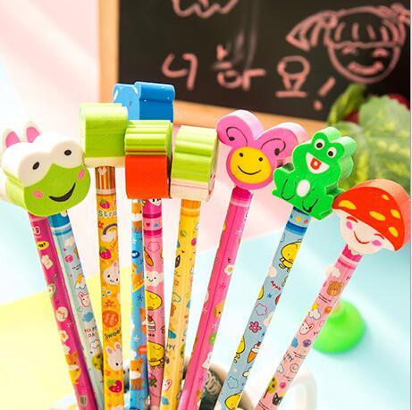 stationery writing supplies wholesale cute creative colorful cartoons pencils with erasers material escolar random color free shipping