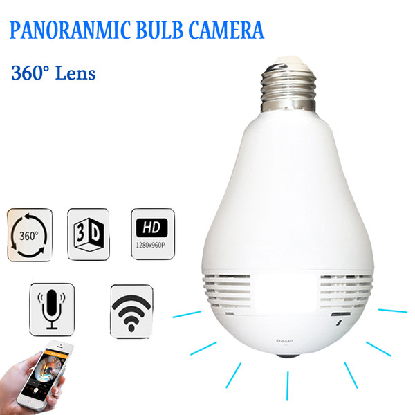 Double drive Panoramic LED Light Bulb Security Camera 360-Degree Fisheye Motion Detection WiFi SD Card Recording,3x 1W LED Light App control