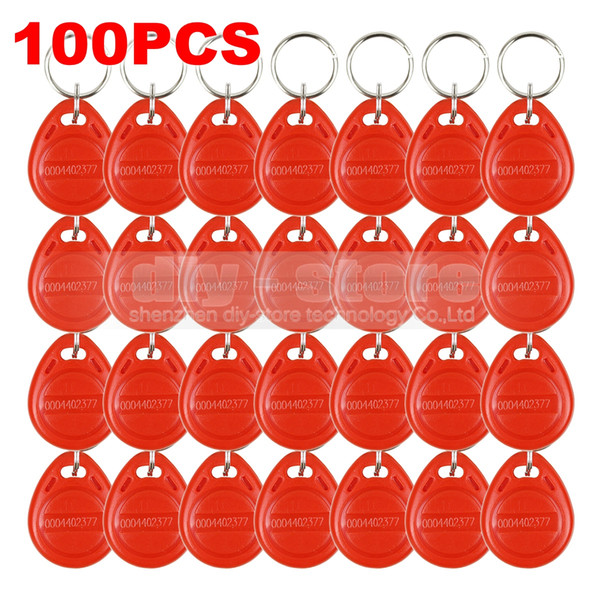 DIYSECUR 100pcs 125Khz RFID Card Key fobs Key Chian for Access Control System Kit RFID Reader Use Red