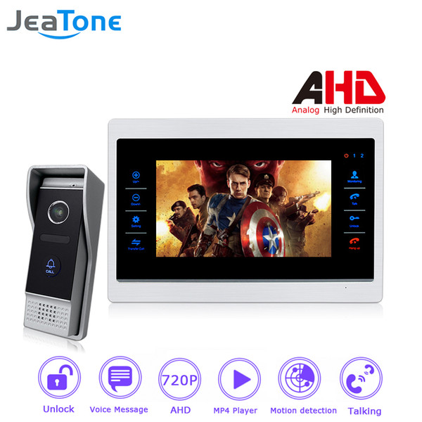 JeaTone 720P AHD 7'' Video Door Phone Intercom Door Speaker Home Security Intercom 4 Wired Hands-free Touch Button Monitor Motion Detection