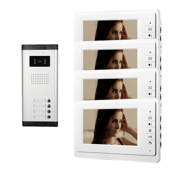 Xinsilu Apartment 4 Unit Intercom Entry System Wired Video Door Phone Audio Visual 7 inch White Monitor V70F-520C-4