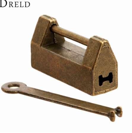 1Pc Vintage Antique Iron Chinese Old Lock Retro Brass Padlock Jewelry Wooden Box Padlock Lock for Suitcase Drawer Cabinet + Key