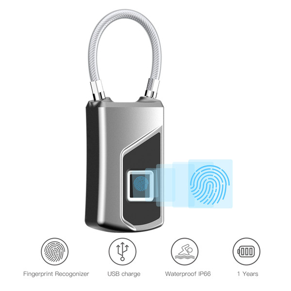 Smart Fingerprint Padlock LED Safe USB Charging Rechargeable Waterproof Door Lock Home Security