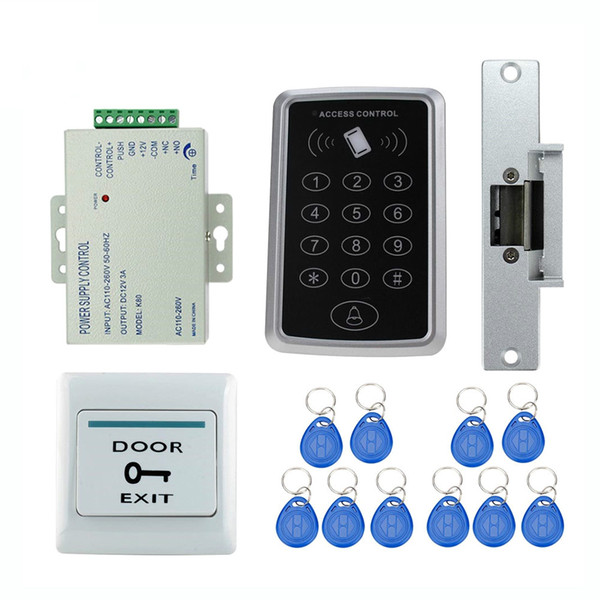 Full Set 125KHz RFID access control system kit T11 digital lock+3A/12V power supply+electric strike lock+10pcs ID key cards