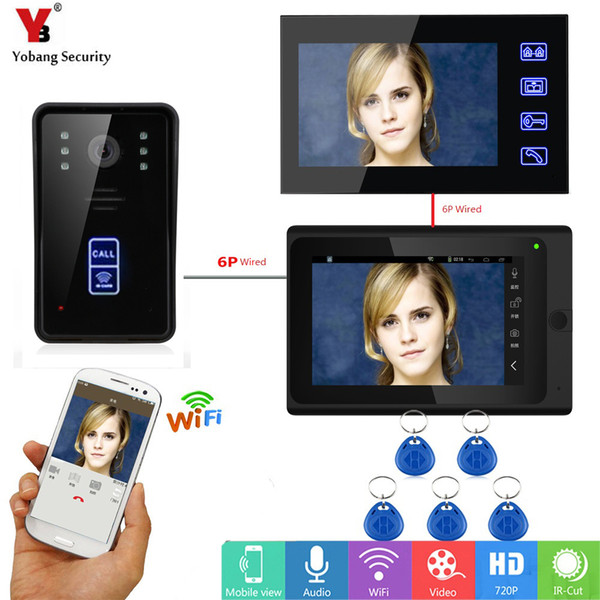 Yobang Security RFID Access Intercom 7 Inch LCD Wifi Wireless Video Door Phone Doorbell Speakephone Intercom 1 Camera 2 Monitor