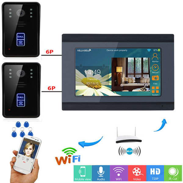 Yobang Security APP Control 7 Inch LCD Wifi Wireless Video Doorbell Door Phone Visual Intercom System 2 RFID Camera 1 Monitor