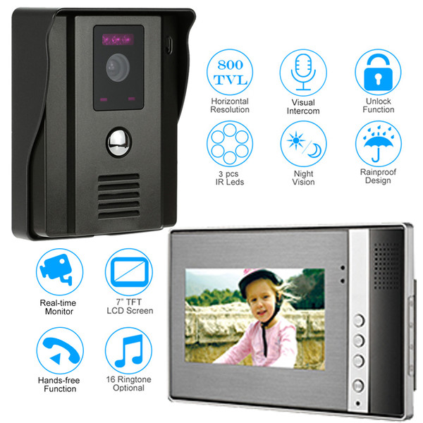 Video Door Phone Two-way Audio Intercom System Doorbell With IR Camera Night Vision Unlock 7 Inch TFT LCD Monitor