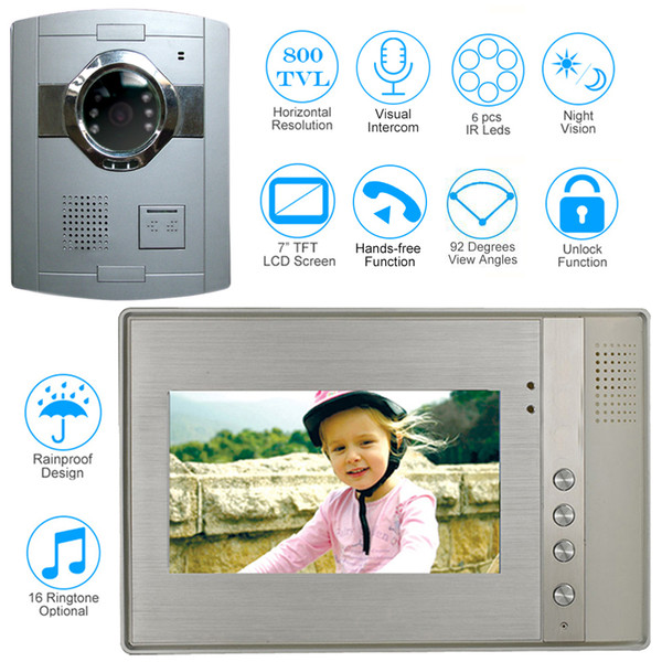 7 Inch TFT LCD Video Door Phone Doorbell Intercom Kit 1-camera 1-monitor Night Vision with IR-CUT HD 800TVL Camera