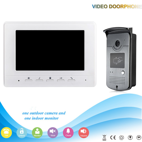 White 7 inch Color Video Door Phone Intercom Doorbell System 1 Monitor RFID Access Waterproof Camera kit