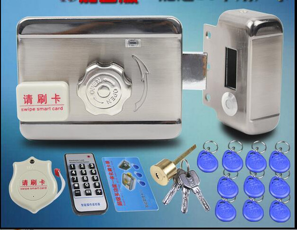 Wholesale-15pcs ID keyfob DC12V Door and gate Access Control system Electronic integrated RFID Door Rim lock with RFID reader