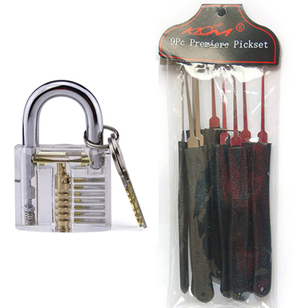 Transparent Professional Cutaway 7 pins Padlock with KLOM 9 pcs locksmith lock picks tools