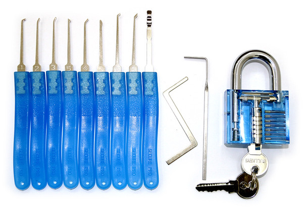 Factory direct sale Free Shipping!! 1 Blue Transparent lock +1Blue handle 9 Piece lock pick set Locksmith Tool SYG-118