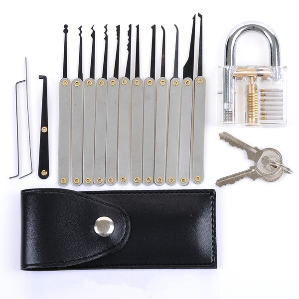 Factory Free Shipping! Locksmith tool Transparent Practice Padlocks + 12 Piece Unlocking High Yield Lock Pick Set Key Extractor Tool SYG-114