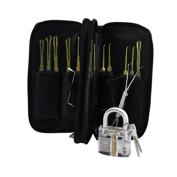 Stainless Steel 24pcs GOSO Lock Picks set with Leather Bag & Transparent Padlock Practice Lock Locksmith Fast Lock Opener