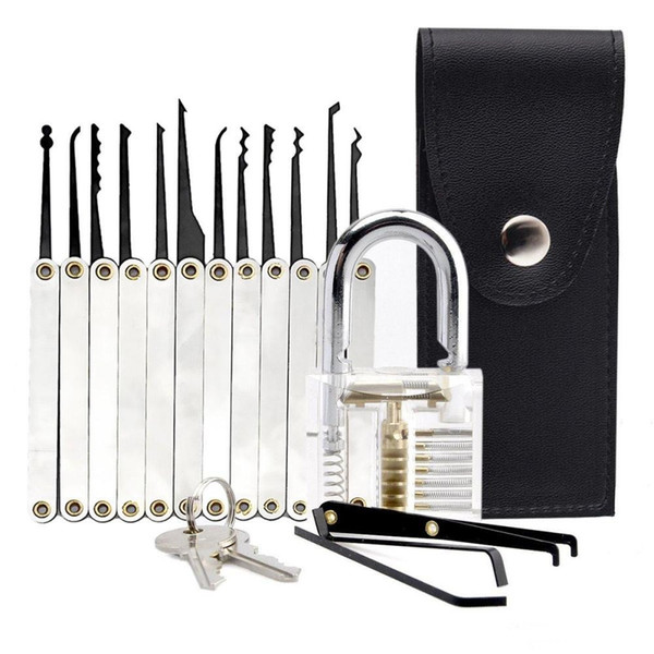 15pcs Training Lock Pick Set Locksmith Stainless Steel Practice Tools with Transparent Cutaway Opener Padlock Unlock Tension Removal Picks