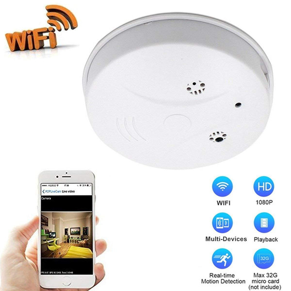 1080P WiFi Mini Camera IP Indoor Smoke detector wireless Cam/Pet baby Monitor/Nanny Cam with Motion Detection, Drop shipping