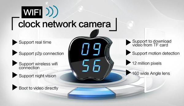 IR Night vison Apple module clock camera HD 720P Wifi clock Network camera P2P Wireless H.264 Motion Detection Alarm Clock Camcorders 12pcs