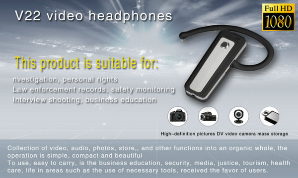 Full HD 1080P Bluetooth Earphone Pinhole camera 5.0 MP H.264 Bluetooth Earphone camera V22 MINI Headset Voice Video Recorder 20PCS/LOT