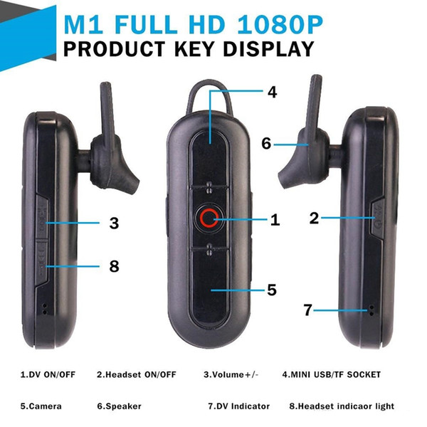 M1 Bluetooth Earphone Camera DVR HD 1080P Wireless Mini Camcorder With High-Performance Bluetooth Headset Portable Video Recorder