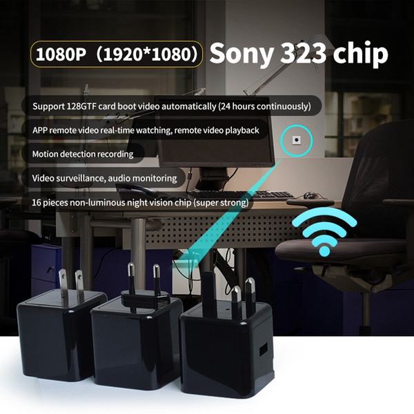 Wireless Wifi Charger Camera night vision Full HD 1080p AC adaptor Plug Camera Mini USB charger DVR