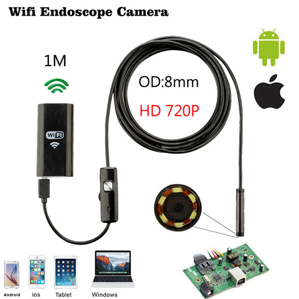 Wifi Endoscope 8mm Lens Soft Cable Camera Mini Waterproof Inspection Camera 8mm 1M USB Endoscope Borescope for IOS Tablet PC phone