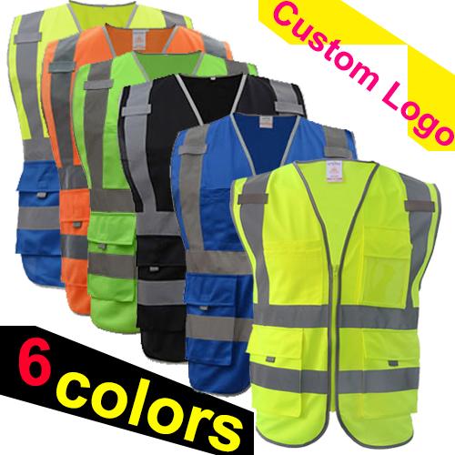 free shipping safety vest reflective logo printing workwear hi vis clothing safety vest High visibility reflective waistcoat multi pockets