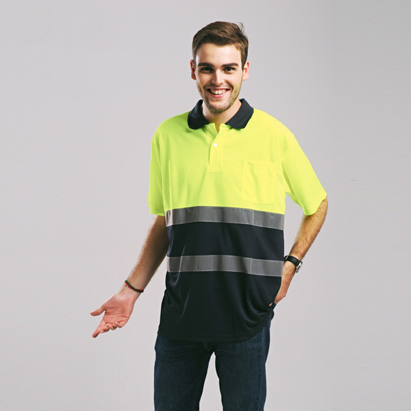 Free shipping High visibility Shirt For Men Safety Reflective Workwear Fluorescent Yellow Navy short Sleeve Hi vis With Reflective Tapes