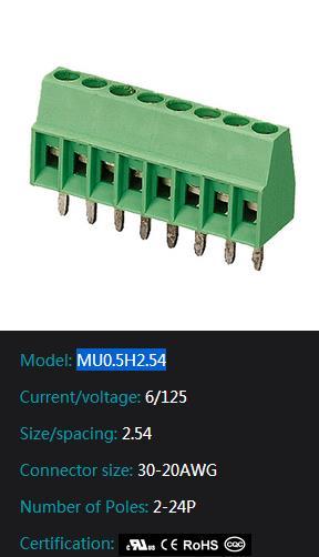 pins connector MU0.5H2.54 electric pcb mount screw electronics terminal blocks