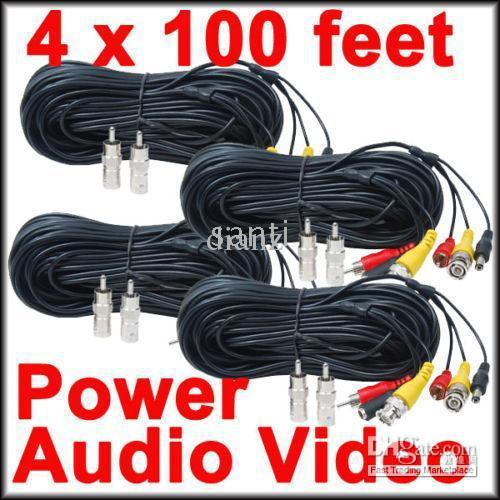 4 Pack of 100 feet Security Camera CCTV Audio Video Power Cables with Free BNC RCA Adapters