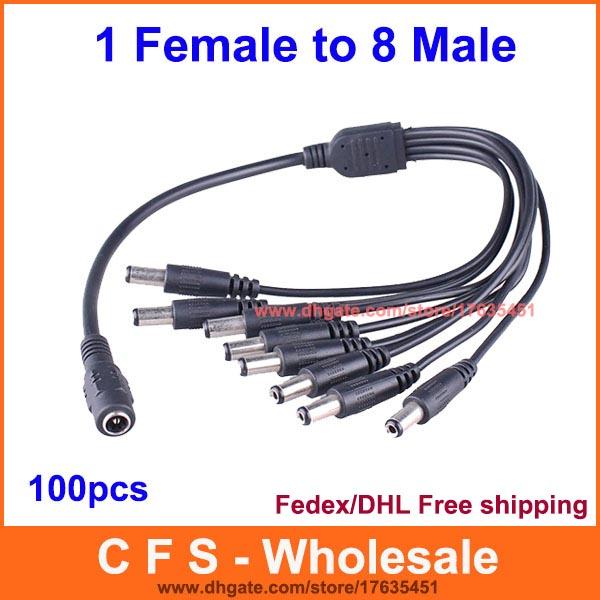 100pcs DC 1 Female to 8 Male Power Splitter Adapter Cable Jack 2.1mm for CCTV Security Cameras Free Shipping