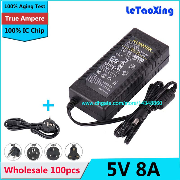 100pcs 5V 8A Power Supply AC 100-240V to DC Adapter 5V 40W For 3528 5050 Strip LED US EU AU Adapter Plug with IC Chip