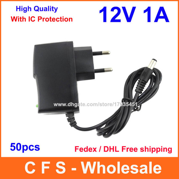 DHL Free shipping 50pcs AC DC 12V 1A Power Supply adapter 1000mA Adaptor 5.5mm x 2.1mm Wiht IC Program High Quality