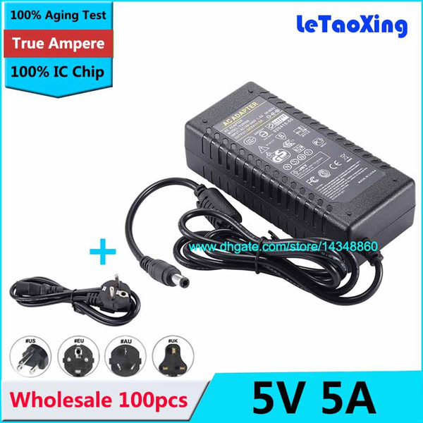 100pcs 5V 5A Power Supply AC 100-240V to DC Adapter 25W For 3528 5050 Strip LED US EU AU Adapter Plug with IC Chip