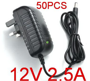 High quality 30W 50PCS AC 100V-240V Converter Adapter DC 12V 2.5A Power Supply UK Plug 2500MA DC 5.5mm x 2.5mm