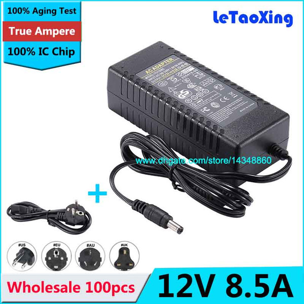 100pcs 12V 8.5A Power Supply AC 100-240V to DC Adapter 12V 8A 100W Charger + Cord Cable With IC Chip
