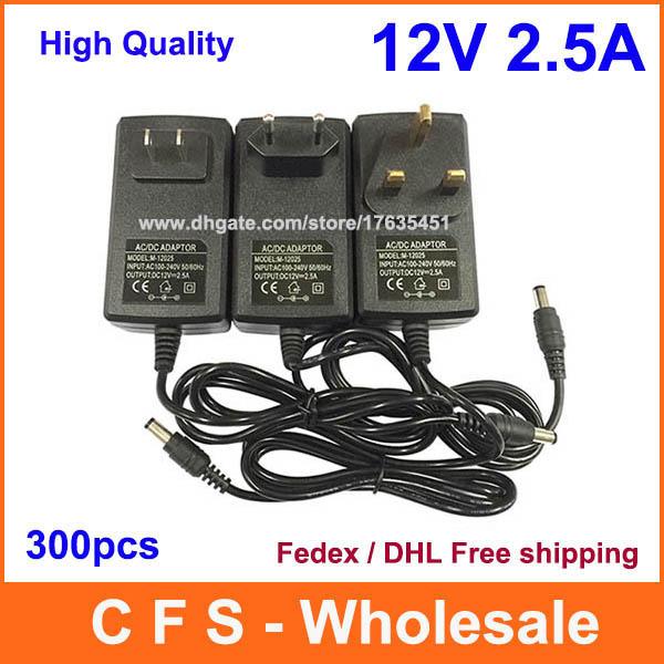 300pcs AC DC 12V 2.5A Power adapter charger Power Supply 5.5mm x 2.5mm US / EU / UK Fedex Free shipping