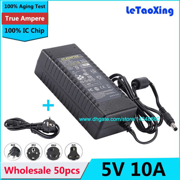 50pcs AC 100-240V To DC 5V 10A Power Supply 9A Adapter For LED Strip Light Display LCD Monitor with US EU AU UK Cord Cable