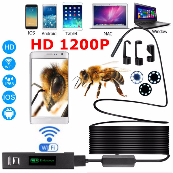 Freeshipping Endoscope HD 1200P Adjustable 8 LED Wifi Endoscope Camera 8.0mm With Hard Cable IP68 1M 2M 3.5M 5M 10M For Android For ios