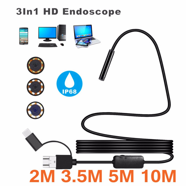 8mm Waterproof IP 68 2M 3.5M 5M 10M Cable 1200P HD 3-in-1 Computer Endoscope Borescope Tube 8 LEDs Inspection Borescope Camera