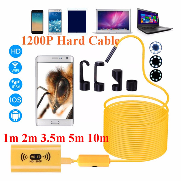 Freeshipping 1200P HD Adjustable 8 LEDs WiFi Endoscope camera 8.0mm IP68 Hard Cable 1M 2M 3.5M 5M 10M for iOS for Android for Windows