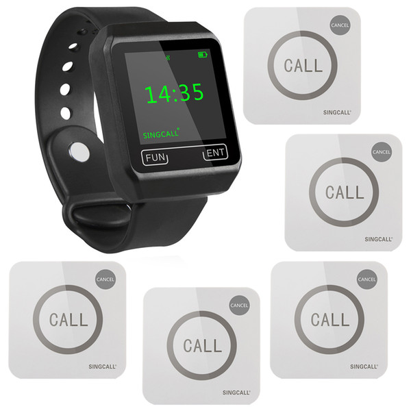 SINGCALL Wireless Waiter Calling System for Kitchen, Bar,1 Watch and 5 Touchable Bells