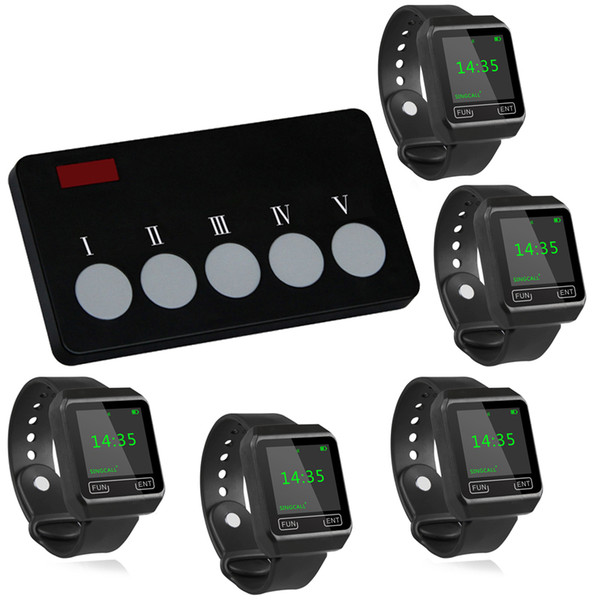 SINGCALL Wireless Bank KTV Hotel Calling System for Calling Waiter to Pick Dish,5 Watches with 1 Button