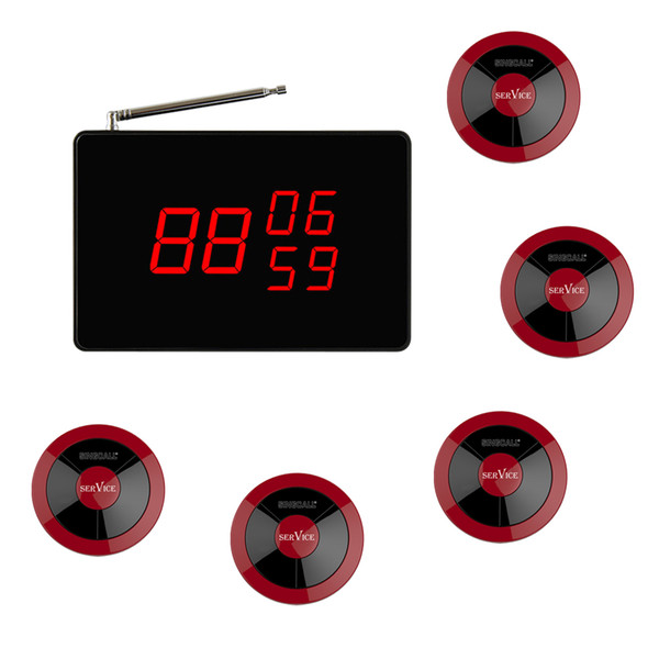 SINGCALL Wireless Calling System, 1 black receiver, 5 service button,red key for coffee shop, KTV, restaurant